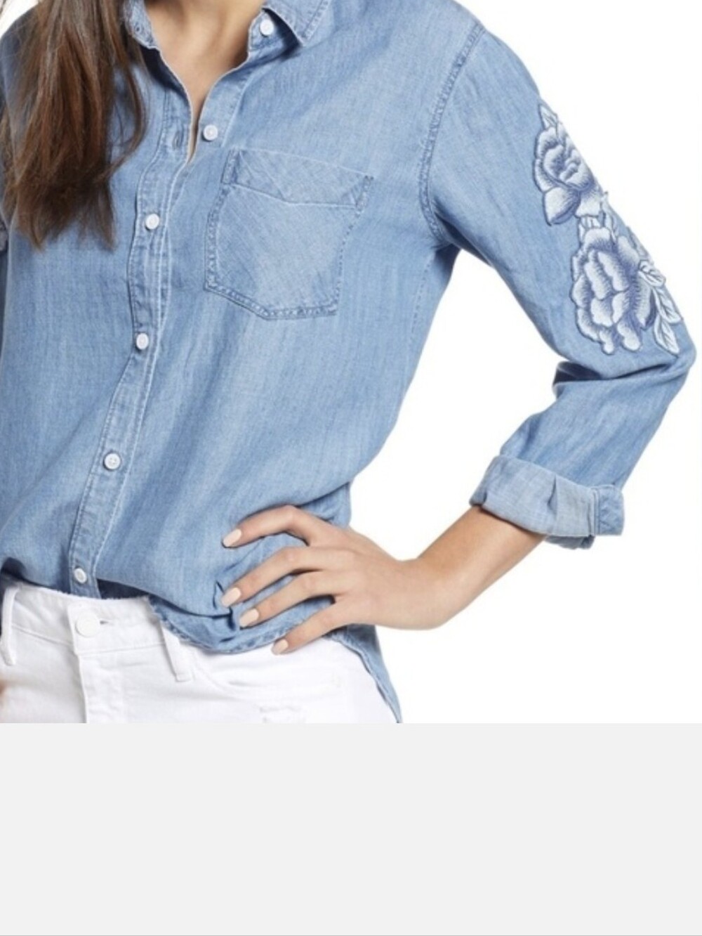 Rails Light Blue Denim Button-Front Shirt with Sleeve Embroidery
